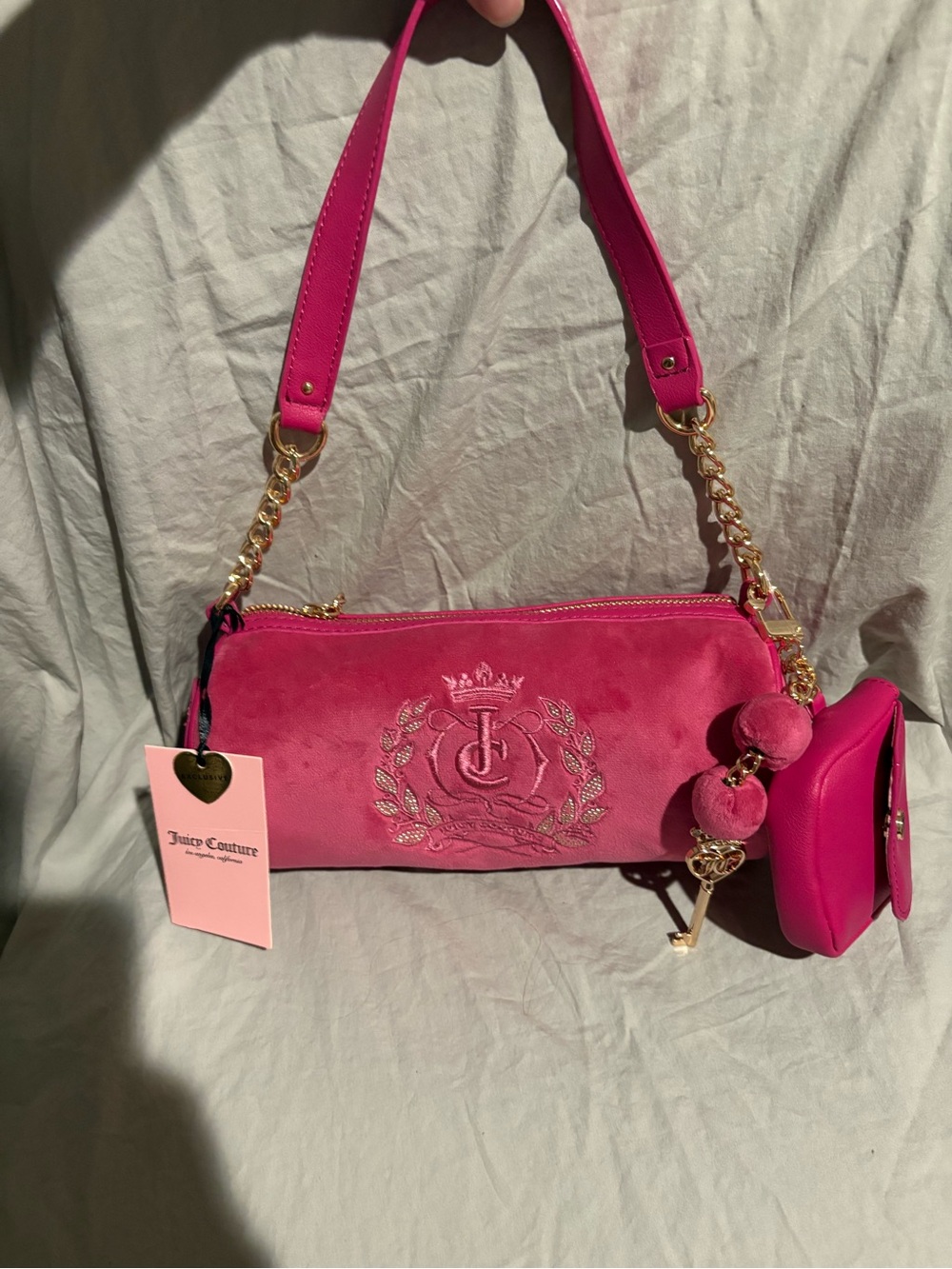 Juicy Couture Hot Pink Shoulder Barrel Bag with Pom Charm and Coin Pouch